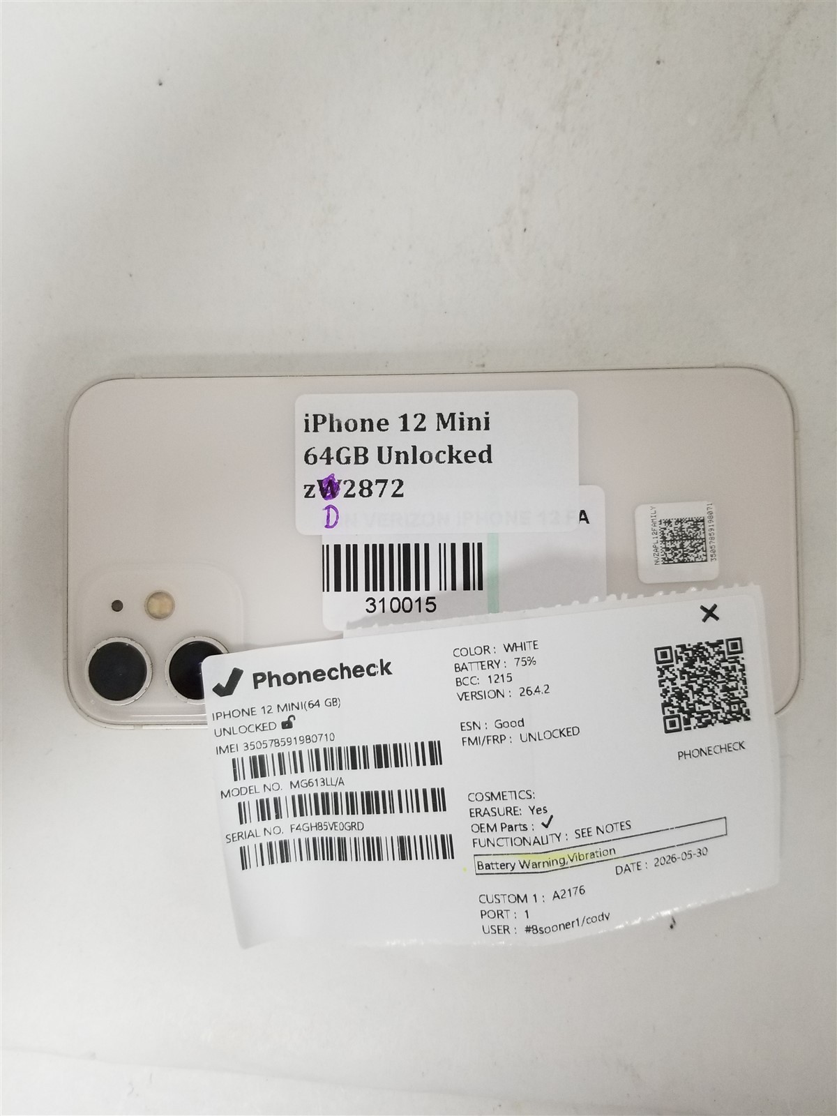 Google iPhone 12 Mini 64GB White A2176 (Unlocked) Damaged zD2872