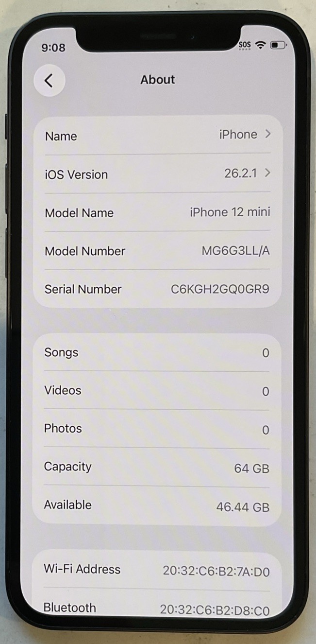 CRACKED REAR GLASS, GSM UNLOCKED iPhone 12 MINI, 64GB A2176 MG6G3LL/A FOR REPAIR