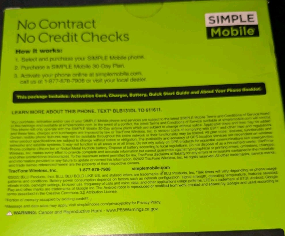 NEW IN BOX SIMPLE MOBILE TRULY UNLIMITED BLU VIEW 2 ANDROID SMART PHONE CELL NEW
