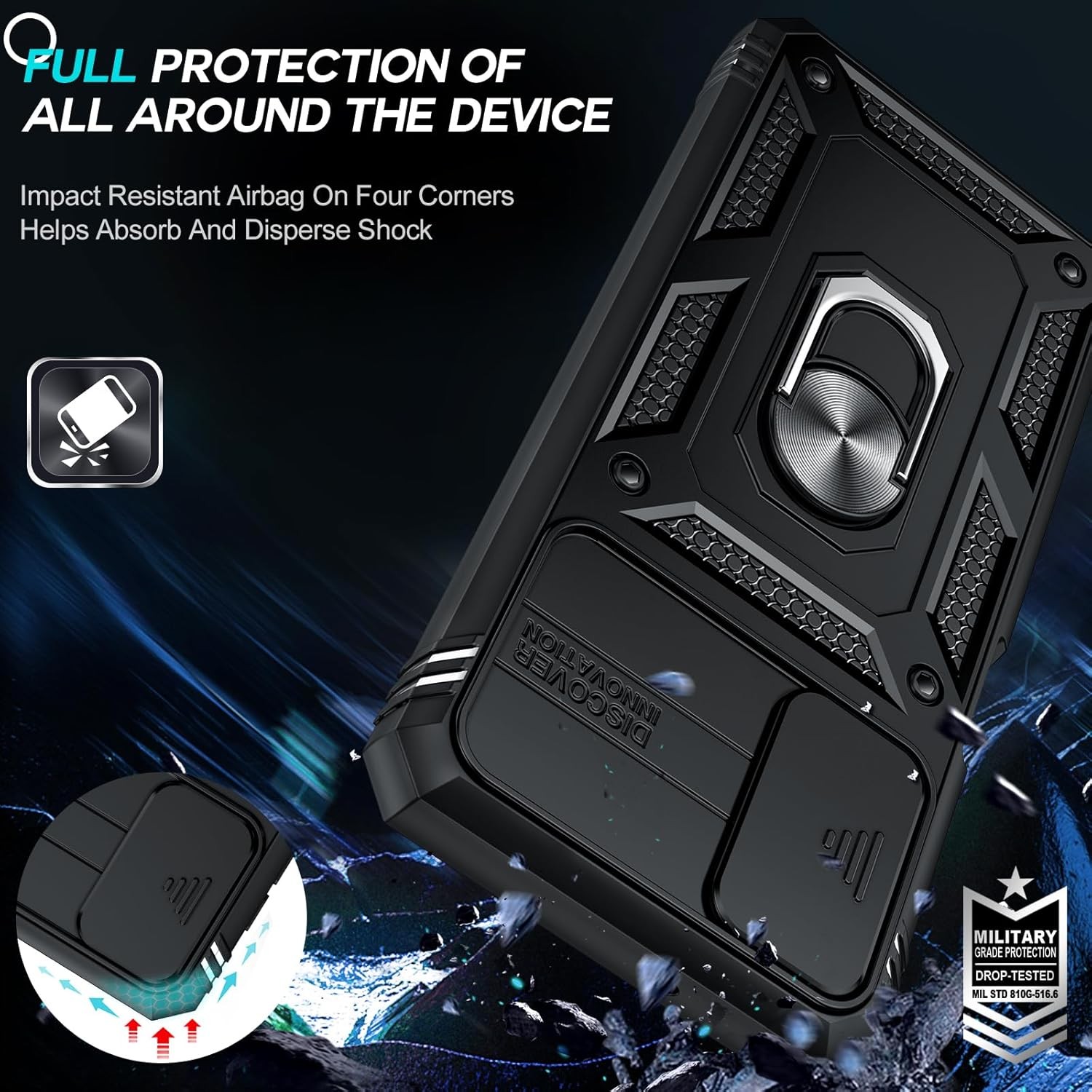 Samsung Galaxy A13-5G Phone Case with [2 Pcs] Tempered Glass & Kickstand, Black