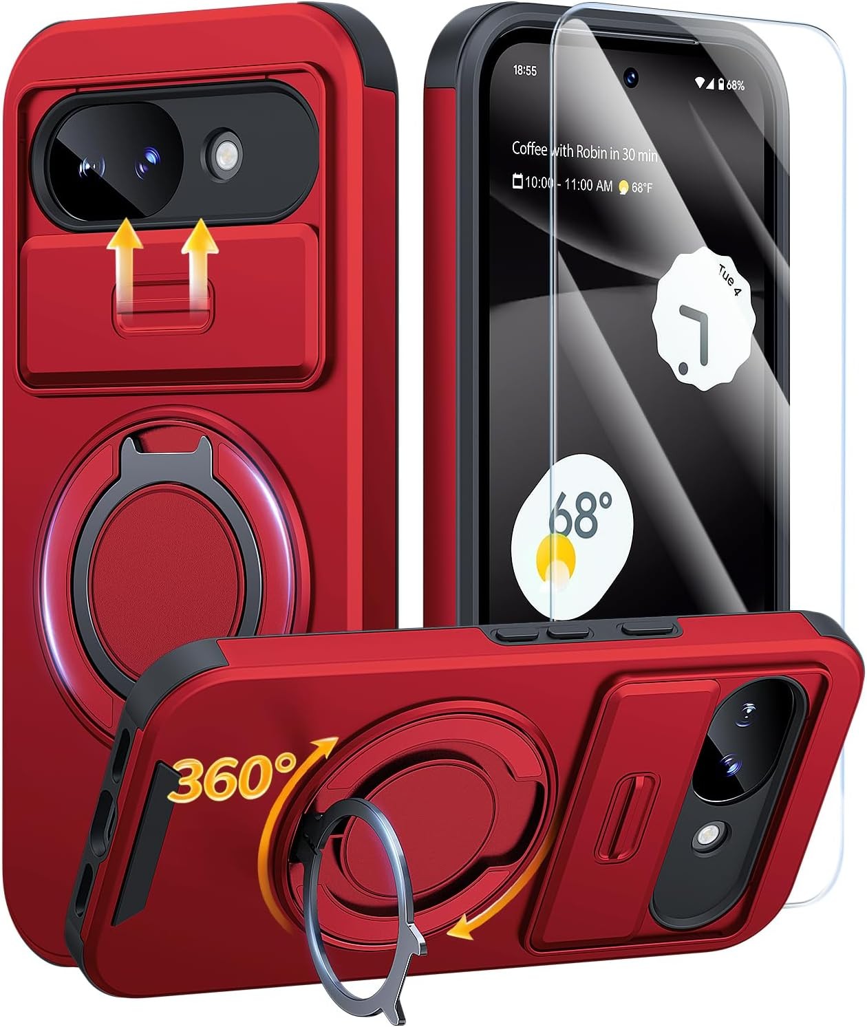 Google Pixel 10A Case, Dual-Layer Shockproof Protective, Kickstand, Red