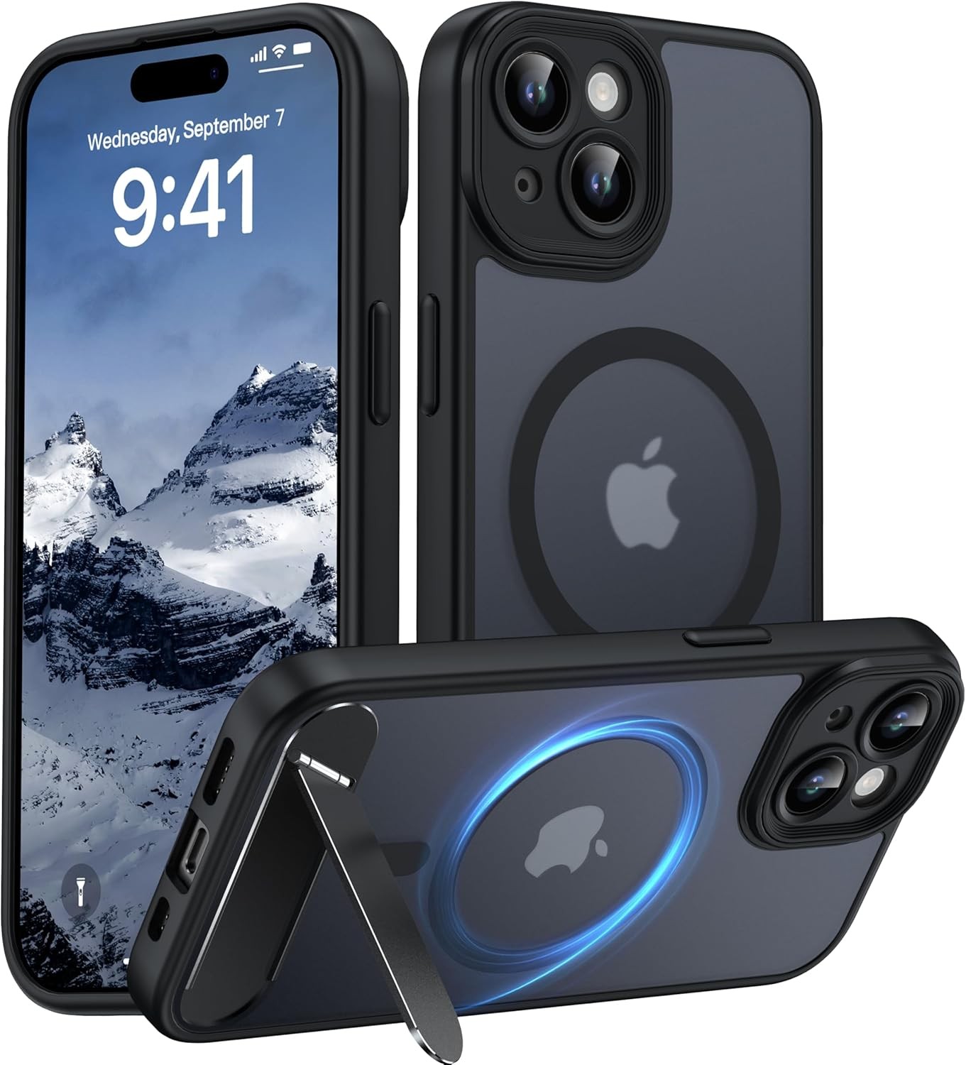 Magnetic iPhone 15 Case, Built-in Invisible Kickstand, Full Camera Protection, B