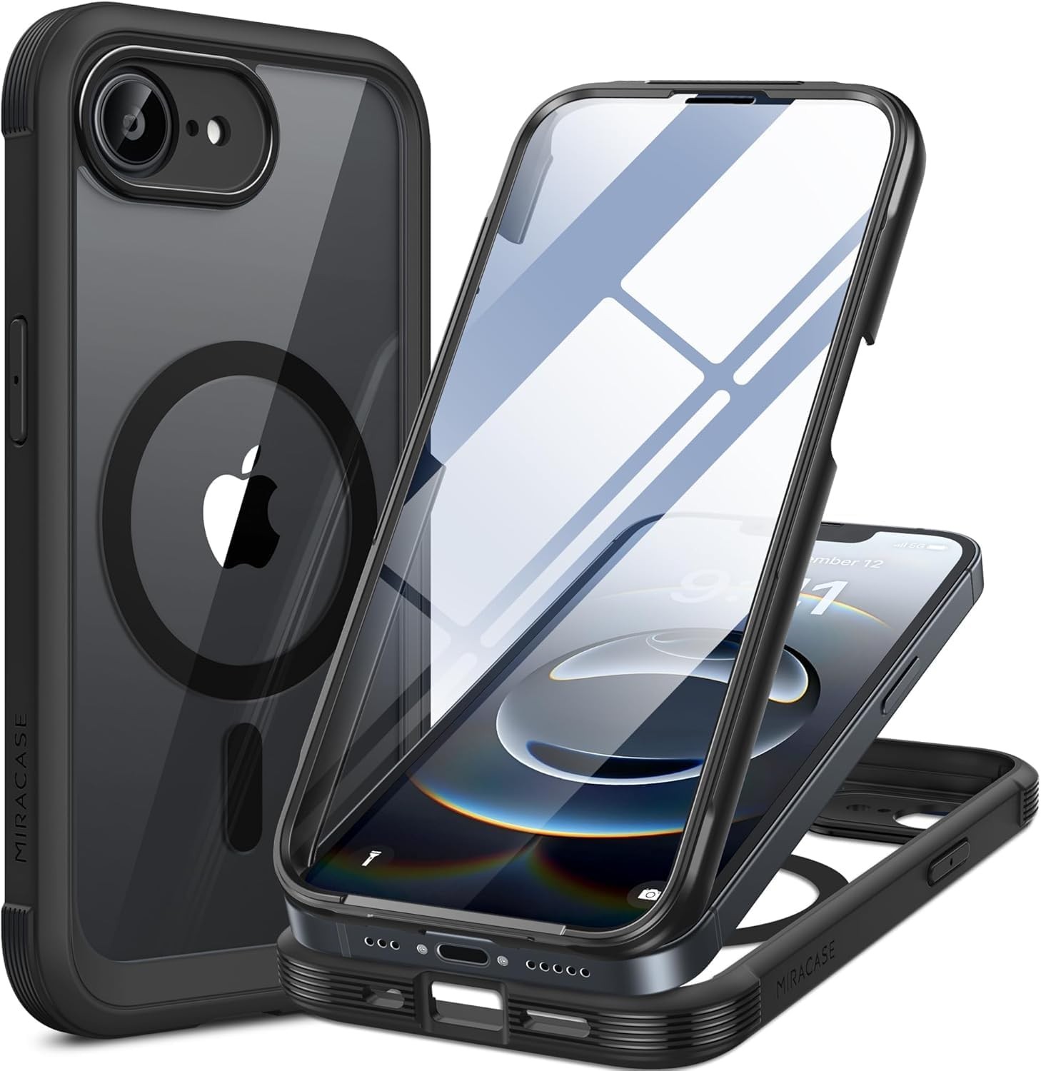 Black Bumper Case with Built-in Glass Screen Protector for iPhone 16e & 17e